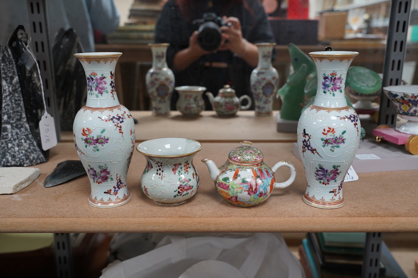 A pair of Samson armorial porcelain vases, a small Canton teapot and an armorial pot, largest 17cm high. Condition - good, teapot lid repaired